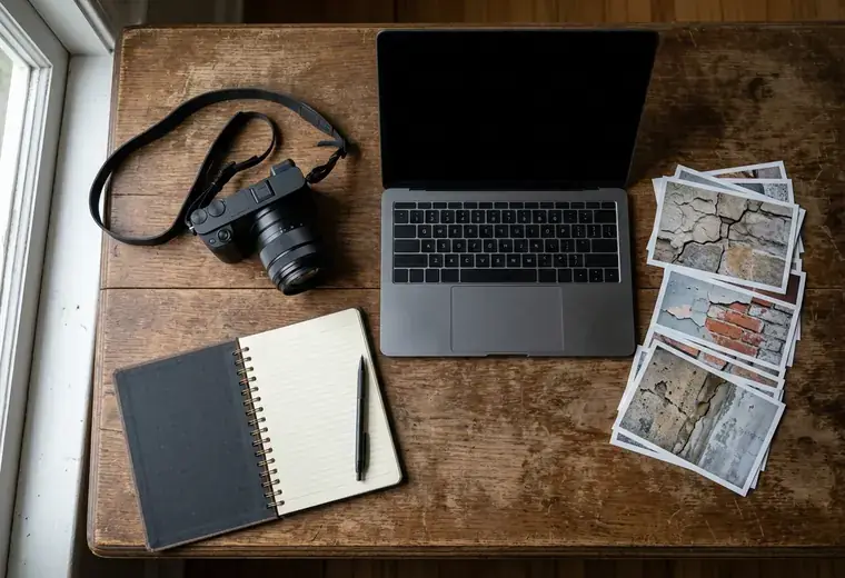 Schreibtisch mit ausgedruckten Feuchtefotos, Zollstock und Notizbuch zur Auswertung