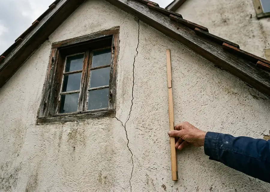 Sachverständiger fotografiert eine schadhafte Fensterlaibung in einer Baustellenwohnung