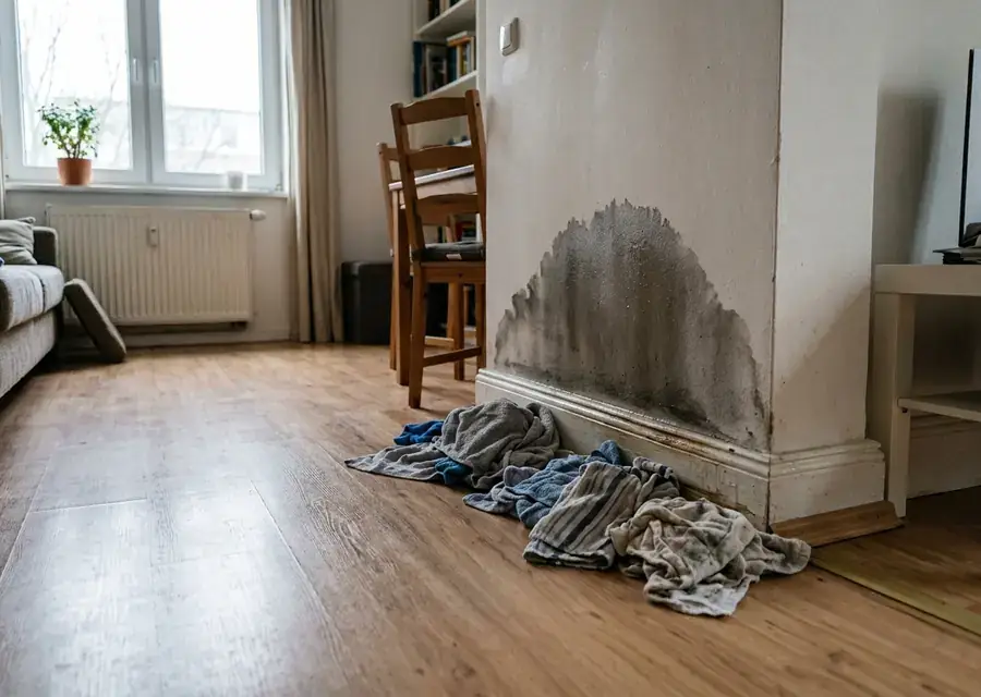 Feuchteschaden mit Salzausblühungen an einer Kellerwand, Feuchtemessgerät wird angesetzt